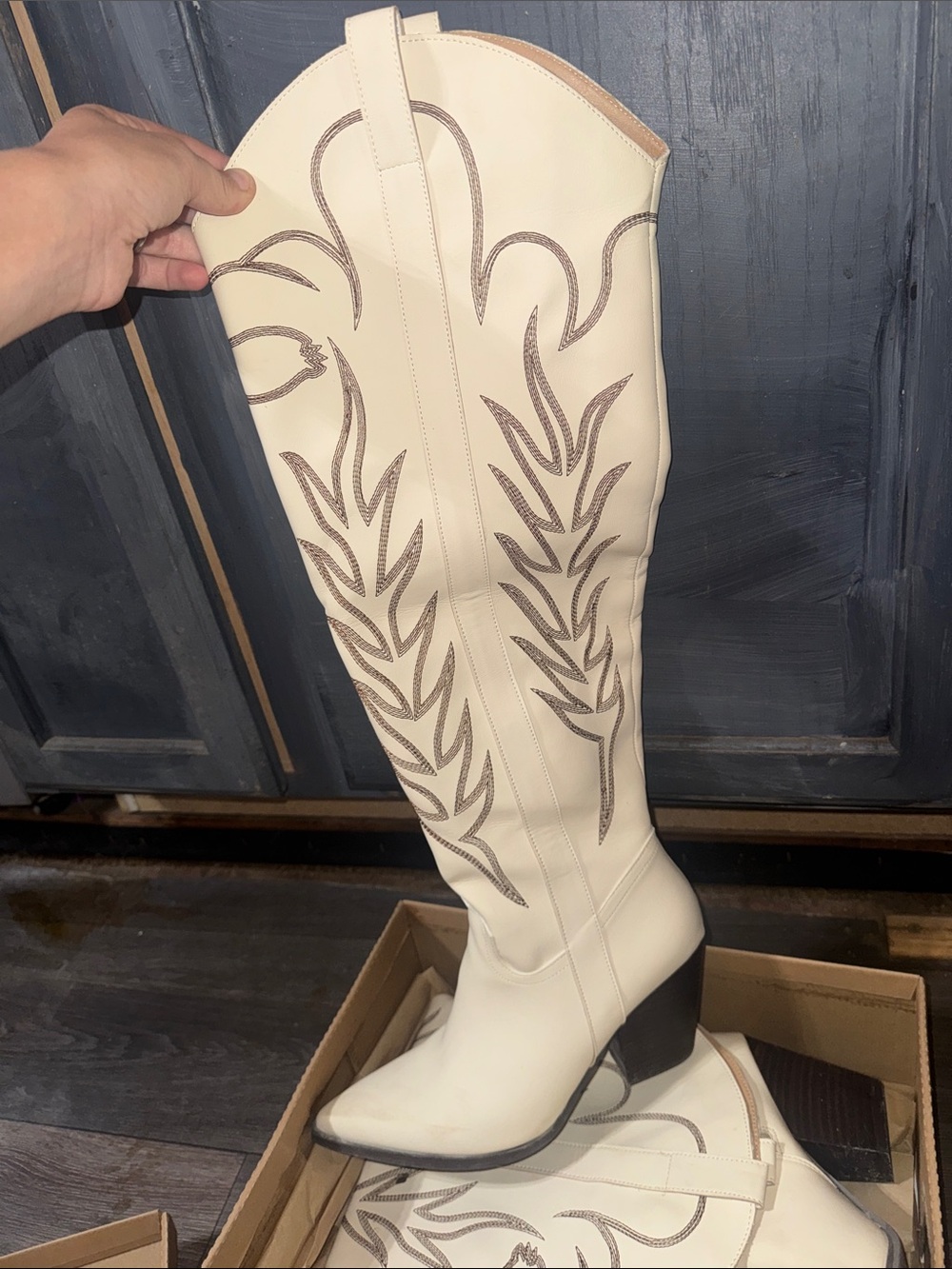 Women’s Cream Western Knee-High Boots with Embroidered Detail